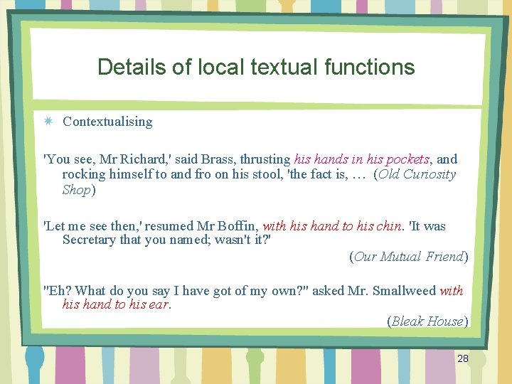 Details of local textual functions Contextualising 'You see, Mr Richard, ' said Brass, thrusting