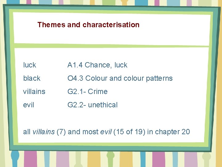 Themes and characterisation luck A 1. 4 Chance, luck black O 4. 3 Colour