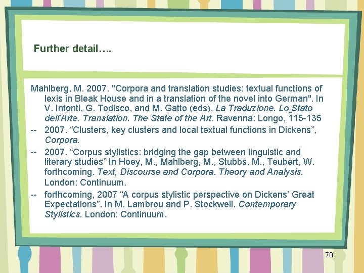 Further detail…. Mahlberg, M. 2007. "Corpora and translation studies: textual functions of lexis in