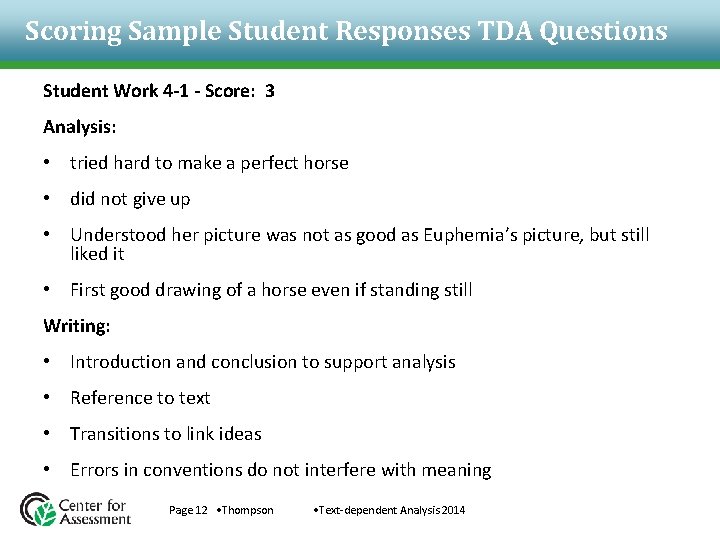Scoring Sample Student Responses TDA Questions Student Work 4 -1 - Score: 3 Analysis: