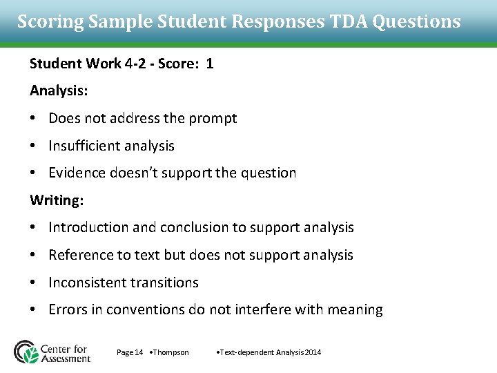 Scoring Sample Student Responses TDA Questions Student Work 4 -2 - Score: 1 Analysis: