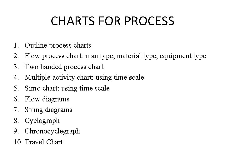 CHARTS FOR PROCESS 1. Outline process charts 2. Flow process chart: man type, material