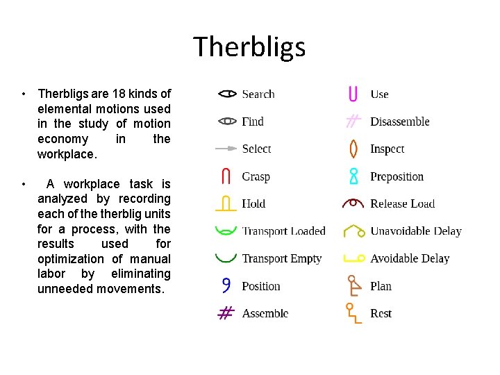 Therbligs • Therbligs are 18 kinds of elemental motions used in the study of