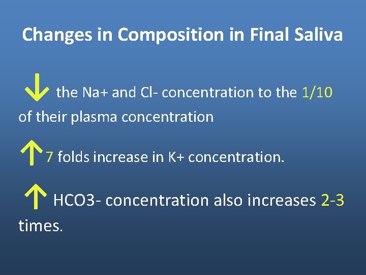 Changes in Composition in Final Saliva ↓ the Na+ and Cl- concentration to the