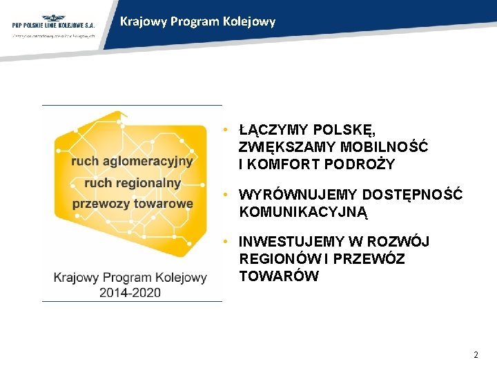 Krajowy Program Kolejowy • ŁĄCZYMY POLSKĘ, ZWIĘKSZAMY MOBILNOŚĆ I KOMFORT PODROŻY • WYRÓWNUJEMY DOSTĘPNOŚĆ Krajowy Program Kolejowy • ŁĄCZYMY POLSKĘ, ZWIĘKSZAMY MOBILNOŚĆ I KOMFORT PODROŻY • WYRÓWNUJEMY DOSTĘPNOŚĆ