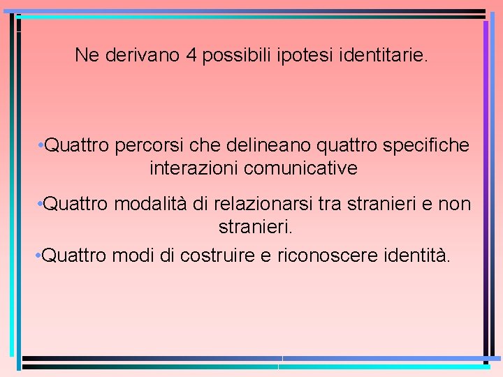 Ne derivano 4 possibili ipotesi identitarie. • Quattro percorsi che delineano quattro specifiche interazioni