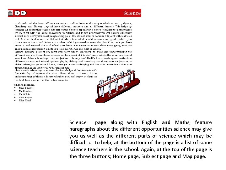 Science page along with English and Maths, feature paragraphs about the different opportunities science