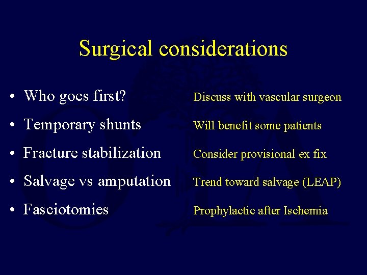 Surgical considerations • Who goes first? Discuss with vascular surgeon • Temporary shunts Will
