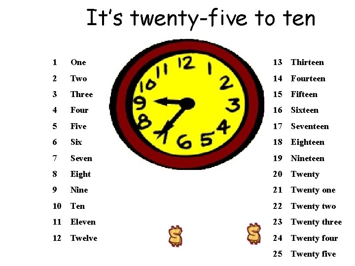 It’s twenty-five to ten 1 One 13 Thirteen 2 Two 14 Fourteen 3 Three