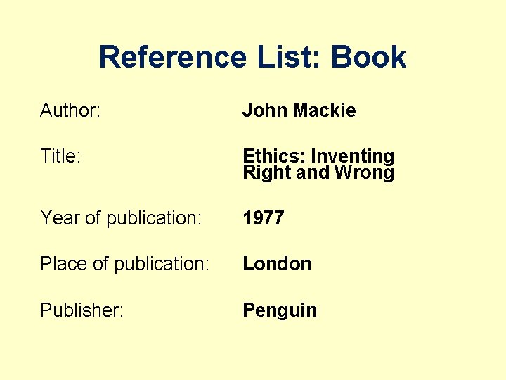 Reference List: Book Author: John Mackie Title: Ethics: Inventing Right and Wrong Year of