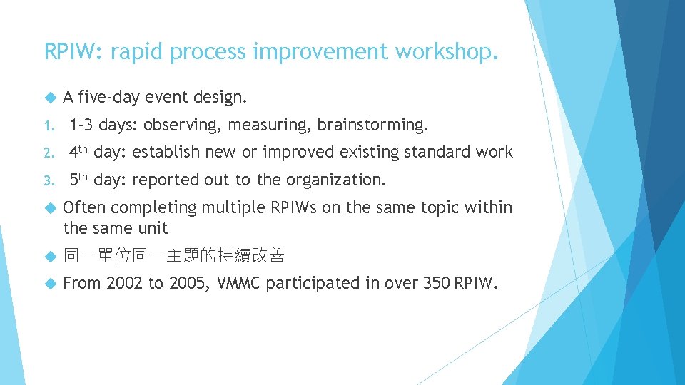 RPIW: rapid process improvement workshop. A five-day event design. 1 -3 days: observing, measuring,