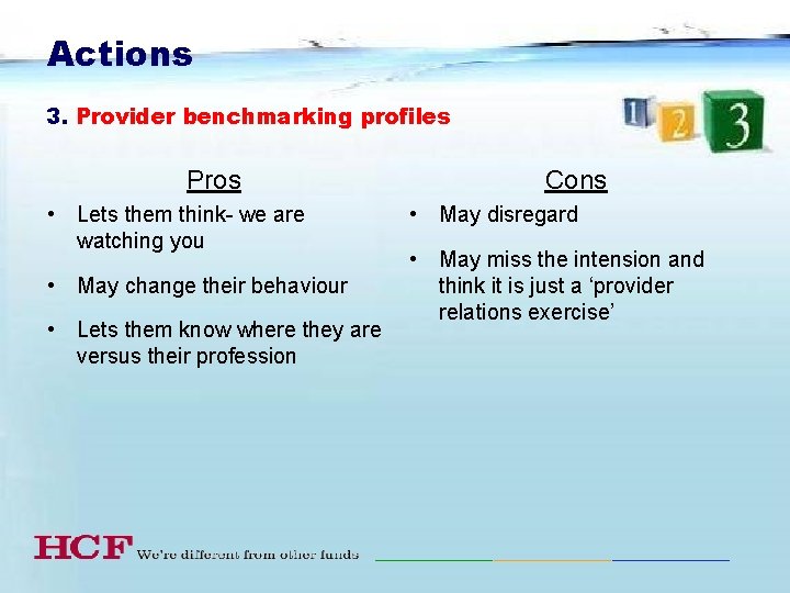 Actions 3. Provider benchmarking profiles Pros • Lets them think- we are watching you