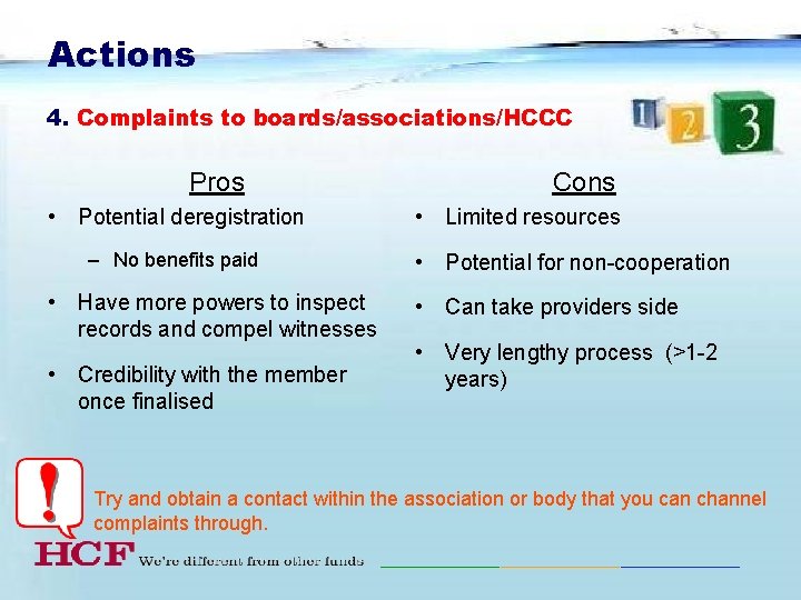 Actions 4. Complaints to boards/associations/HCCC Pros • Potential deregistration – No benefits paid •