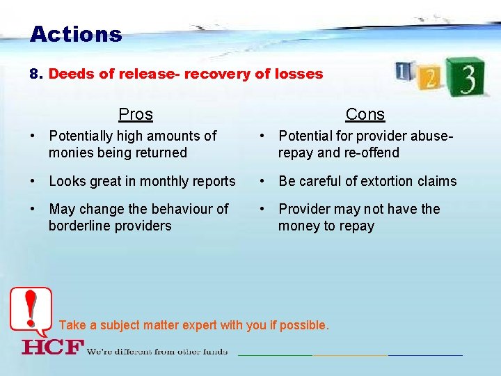 Actions 8. Deeds of release- recovery of losses Pros Cons • Potentially high amounts