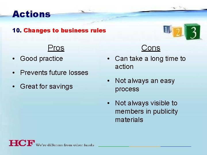 Actions 10. Changes to business rules Pros • Good practice • Prevents future losses