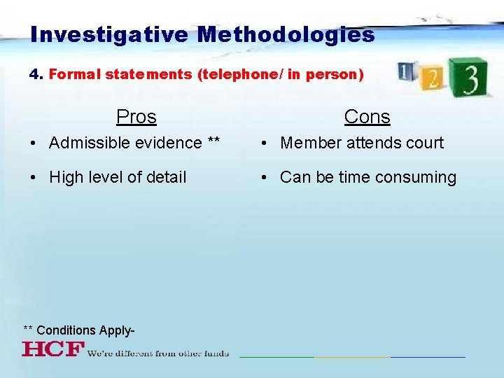Investigative Methodologies 4. Formal statements (telephone/ in person) Pros Cons • Admissible evidence **