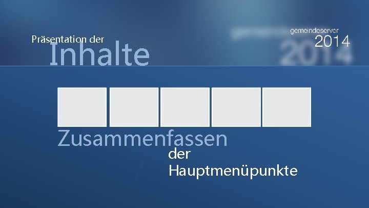Inhalte Präsentation der Zusammenfassen der Hauptmenüpunkte 