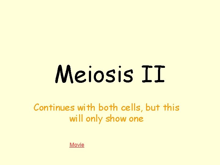 Meiosis II Continues with both cells, but this will only show one Movie 
