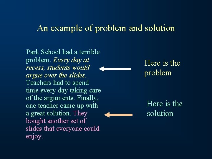 An example of problem and solution Park School had a terrible problem. Every day