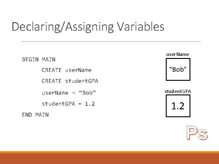 Declaring/Assigning Variables user. Name BEGIN MAIN CREATE user. Name “Bob” CREATE student. GPA user.