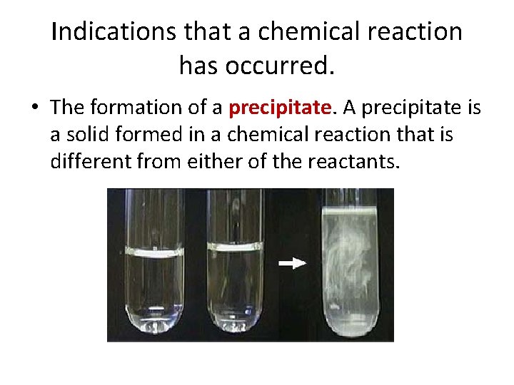 Indications that a chemical reaction has occurred. • The formation of a precipitate. A