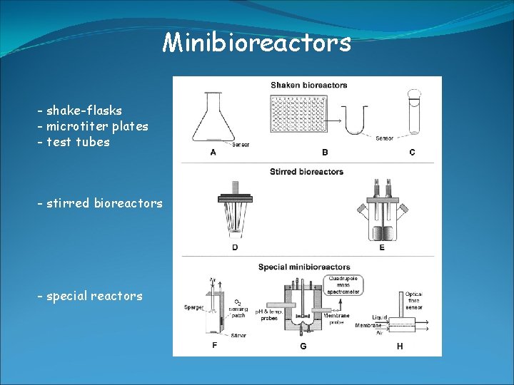 Minibioreactors - shake-flasks - microtiter plates - test tubes - stirred bioreactors - special