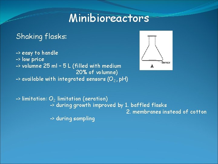 Minibioreactors Shaking flasks: -> easy to handle -> low price -> volumne 25 ml