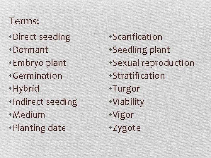 Terms: • Direct seeding • Dormant • Embryo plant • Germination • Hybrid •