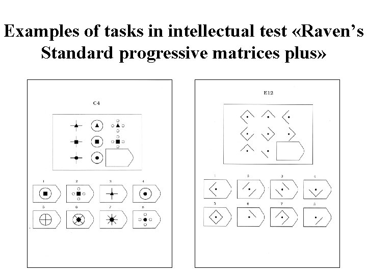 Examples of tasks in intellectual test «Raven’s Standard progressive matrices plus» 