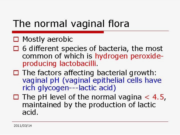 The normal vaginal flora o Mostly aerobic o 6 different species of bacteria, the