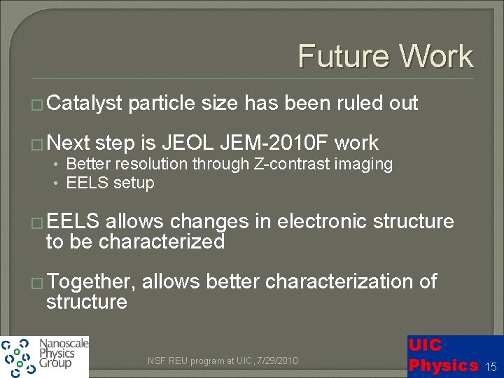 Future Work � Catalyst particle size has been ruled out � Next step is