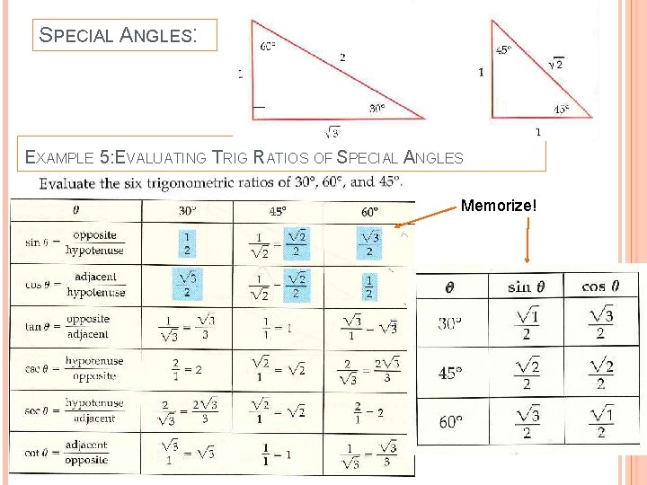SPECIAL ANGLES: EXAMPLE 5: EVALUATING TRIG RATIOS OF SPECIAL ANGLES Memorize! 