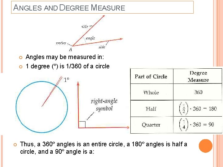 ANGLES AND DEGREE MEASURE Angles may be measured in: 1 degree (º) is 1/360