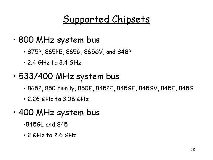 Supported Chipsets • 800 MHz system bus • 875 P, 865 PE, 865 GV,