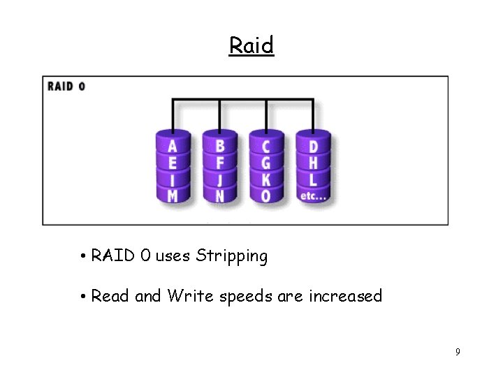 Raid • RAID 0 uses Stripping • Read and Write speeds are increased 9