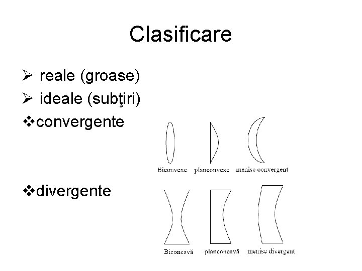 Clasificare Ø reale (groase) Ø ideale (subţiri) vconvergente vdivergente 