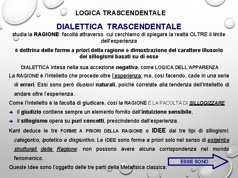 LOGICA TRASCENDENTALE DIALETTICA TRASCENDENTALE studia la RAGIONE: facoltà attraverso cui cerchiamo di spiegare la