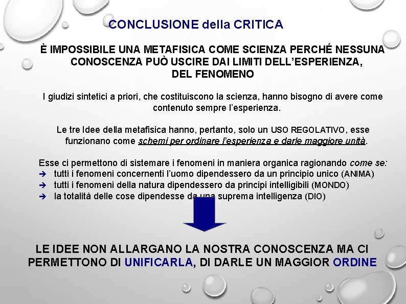 CONCLUSIONE della CRITICA È IMPOSSIBILE UNA METAFISICA COME SCIENZA PERCHÉ NESSUNA CONOSCENZA PUÒ USCIRE