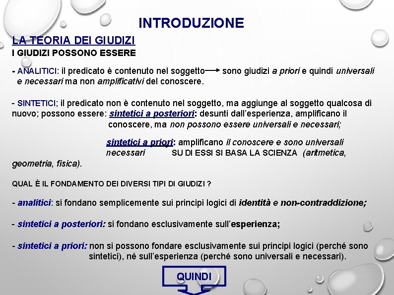 INTRODUZIONE LA TEORIA DEI GIUDIZI POSSONO ESSERE - ANALITICI: il predicato è contenuto nel