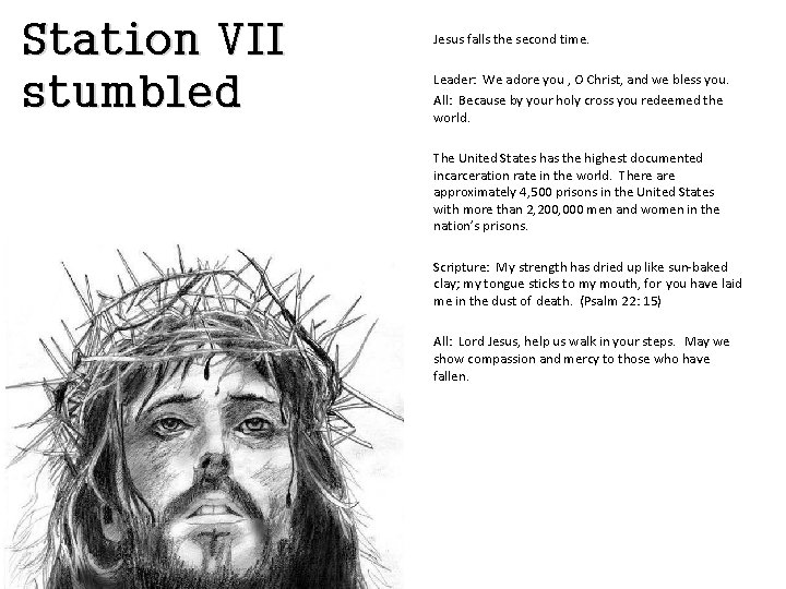 Station VII stumbled Jesus falls the second time. Leader: We adore you , O