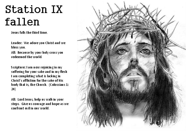 Station IX fallen Jesus falls the third time. Leader: We adore you Christ and