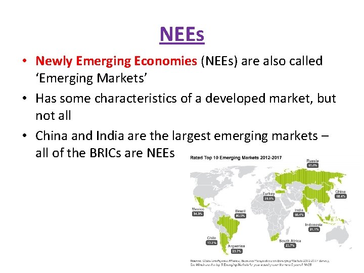 NEEs • Newly Emerging Economies (NEEs) are also called ‘Emerging Markets’ • Has some