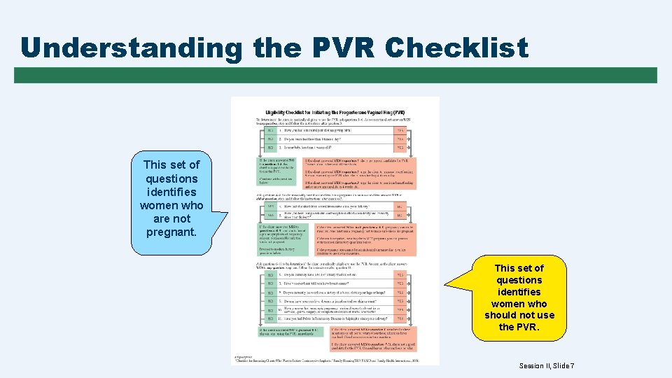 Understanding the PVR Checklist This set of questions identifies women who are not pregnant.