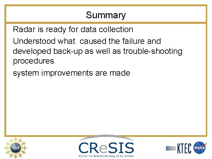 Summary Radar is ready for data collection Understood what caused the failure and developed