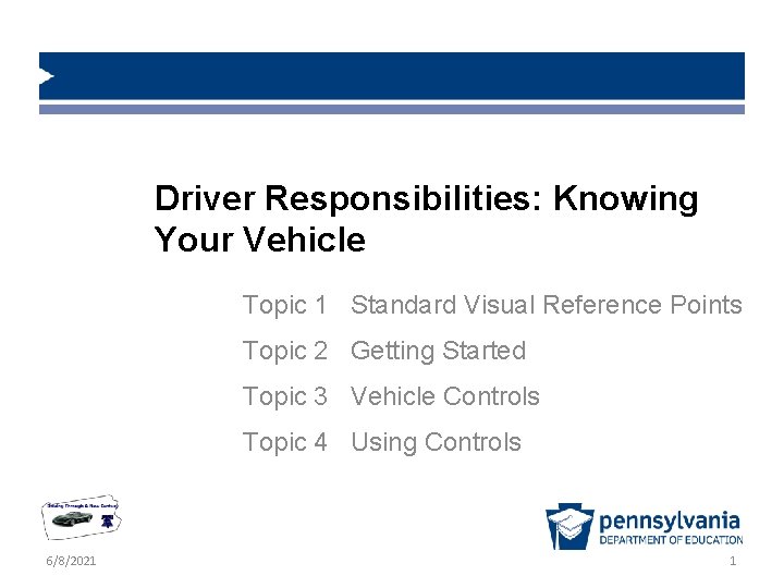 Driver Responsibilities: Knowing Your Vehicle Topic 1 Standard Visual Reference Points Topic 2 Getting