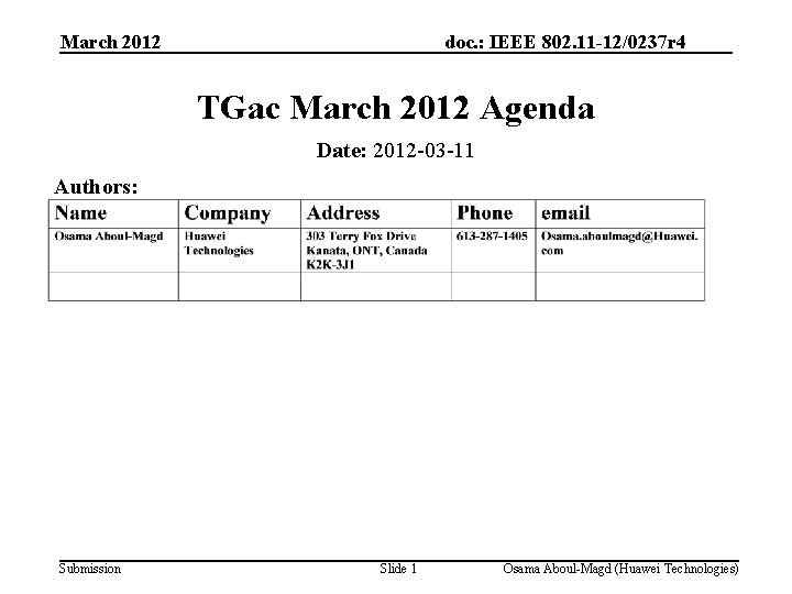 March 2012 doc. : IEEE 802. 11 -12/0237 r 4 TGac March 2012 Agenda