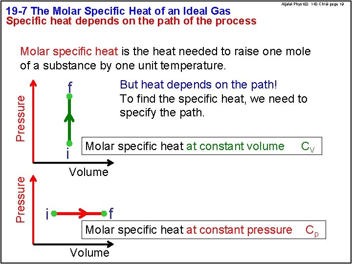 19 -7 The Molar Specific Heat of an Ideal Gas Specific heat depends on