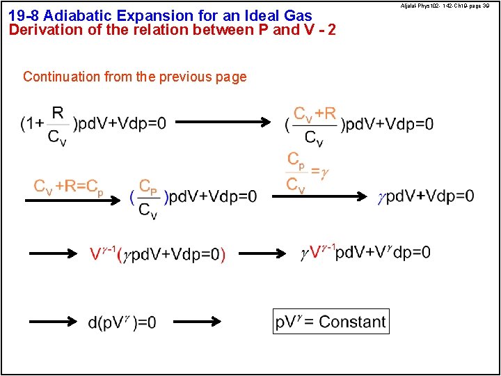 19 -8 Adiabatic Expansion for an Ideal Gas Derivation of the relation between P