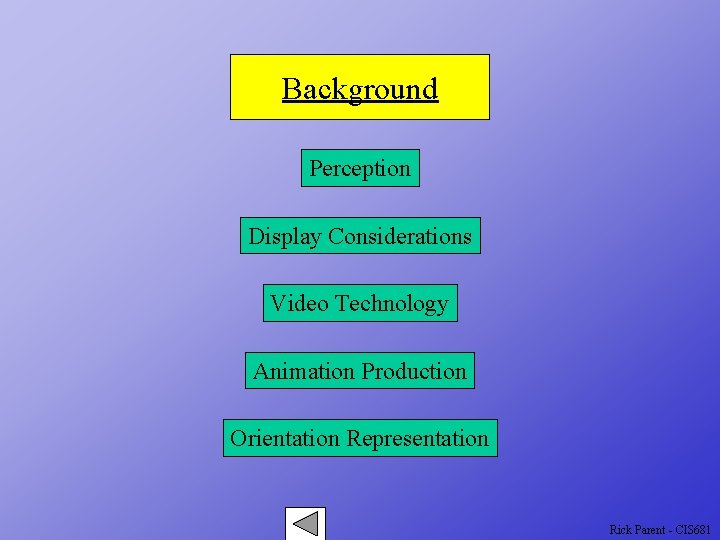 Background Perception Display Considerations Video Technology Animation Production Orientation Representation Rick Parent - CIS