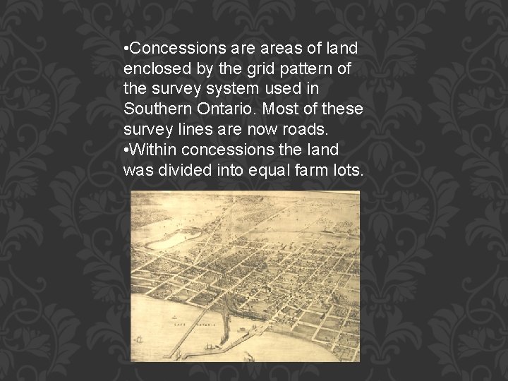  • Concessions areas of land enclosed by the grid pattern of the survey